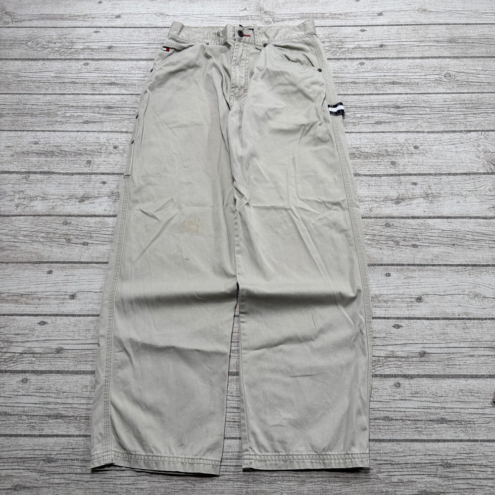 Y2K Tommy Hilfiger Carpenter Pants Boys 16 Beige Relaxed Wide Leg Utility Skater